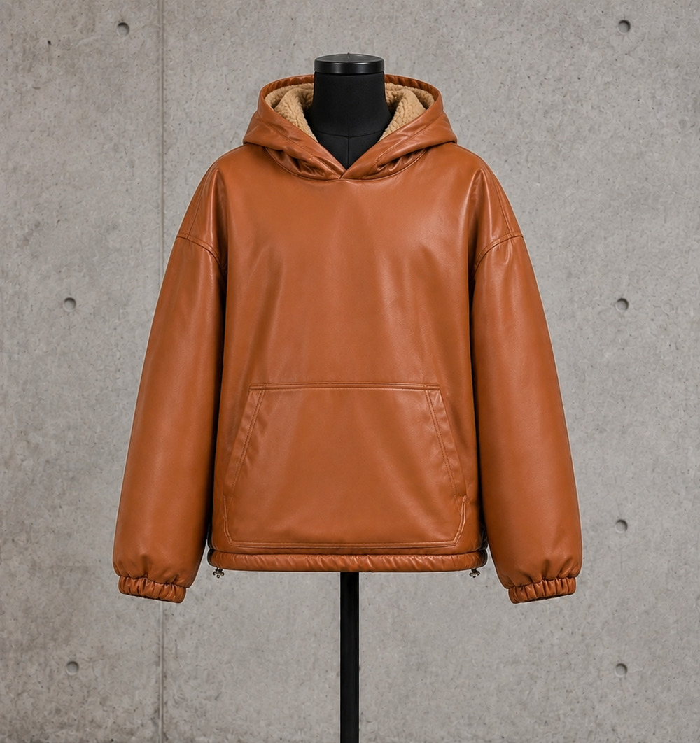 EPTM The Perfect Example Men's L Cognac Faux Leather Fleece Pullover Hoodie NWT